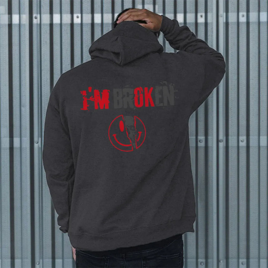 Vintage I'm Broken Letters Skull Print Men‘s Hoodie