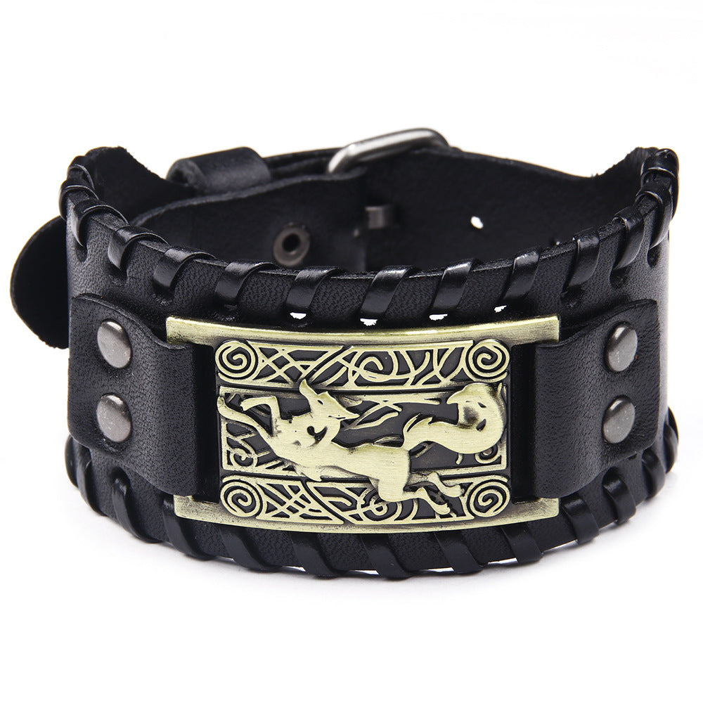 Cowhide Metal Exaggerated Texture Punk Leather Wide Bracelet