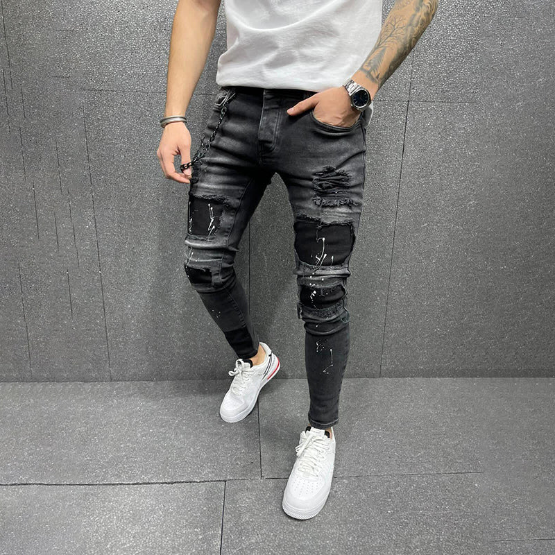 Ripped print sell-through patch stretch men's jeans
