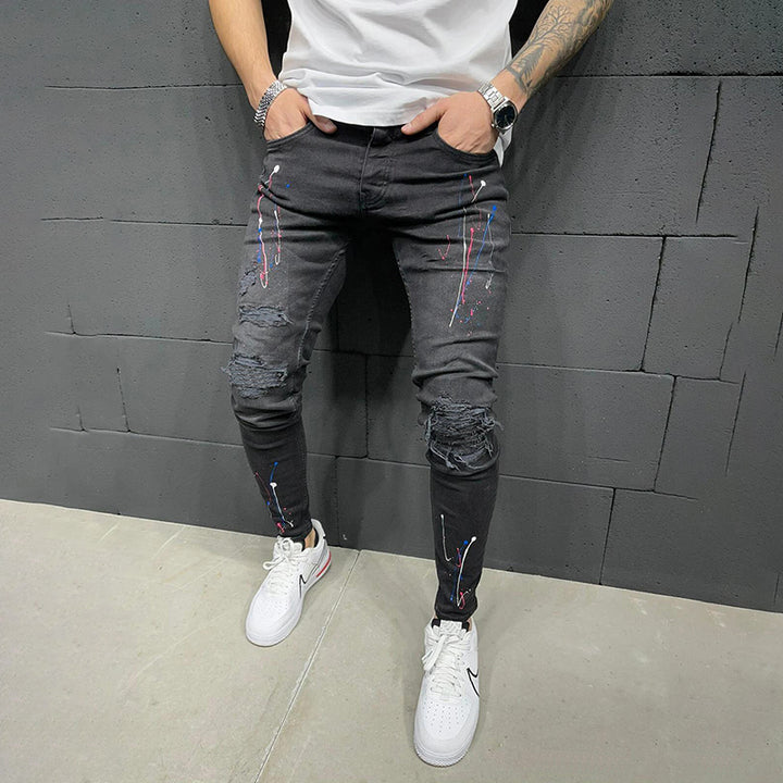 Broken hole printing through lacquer men's jeans