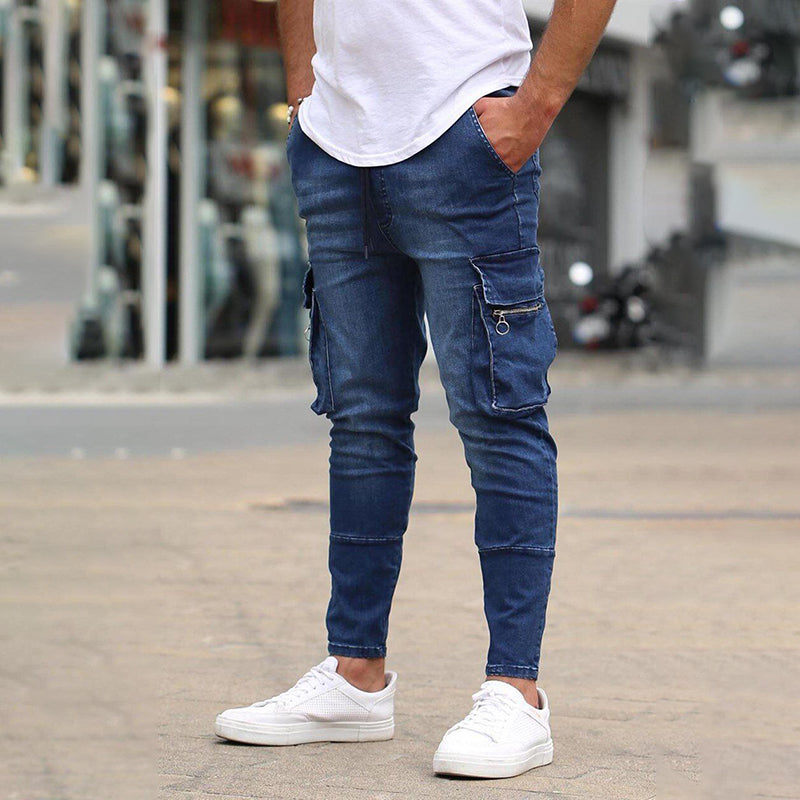Multi-pocket zipper embellished stretch men's jeans