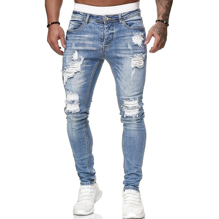 Ripped grinding white hole slim fashion men's jeans