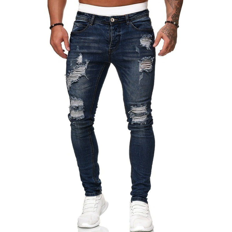 Ripped grinding white hole slim fashion men's jeans