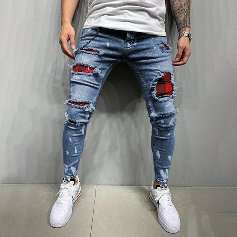 Ripped patchwork slim men's jeans