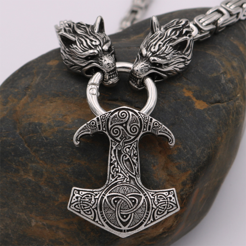 Viking Odin Celtic Wolf Head Pendant Men's Necklace
