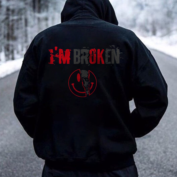 Vintage I'm Broken Letters Skull Print Men‘s Hoodie