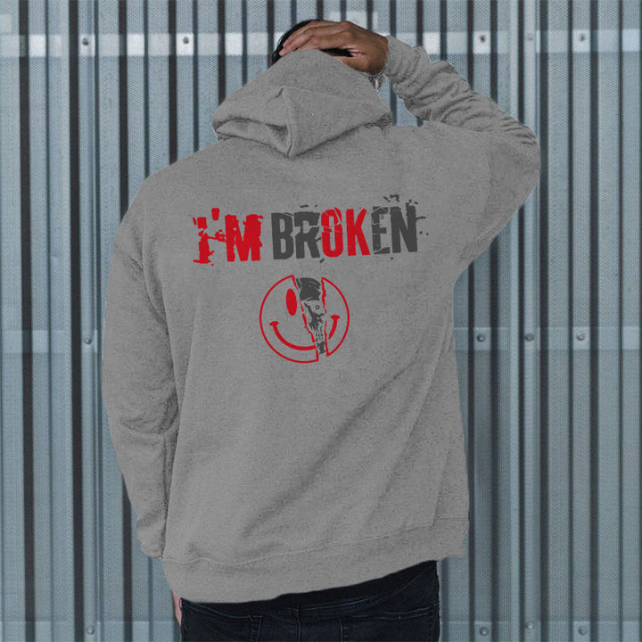 Vintage I'm Broken Letters Skull Print Men‘s Hoodie